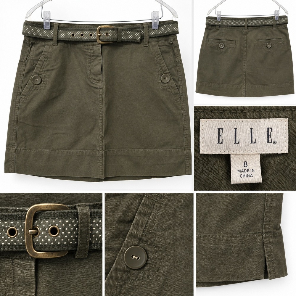 Belted Utility Mini Skirt‎ Cotton Canvas Casual Olive Green Size 8 Elle Women